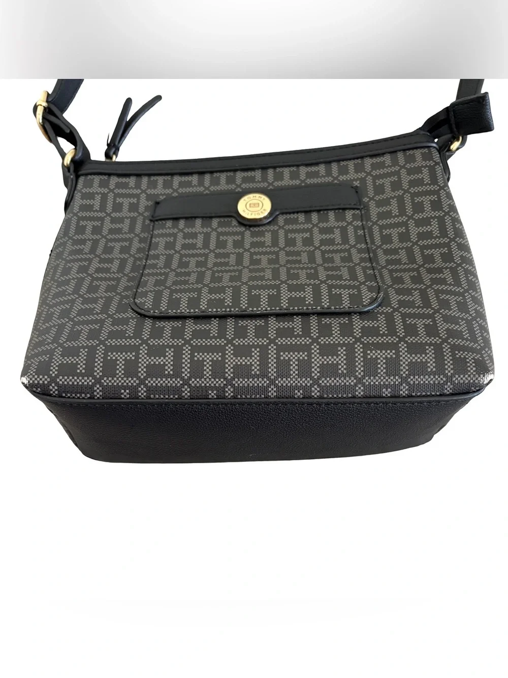 Tommy Hilfiger Branded Black Monogram Crossbody Bag with Gold Hardware